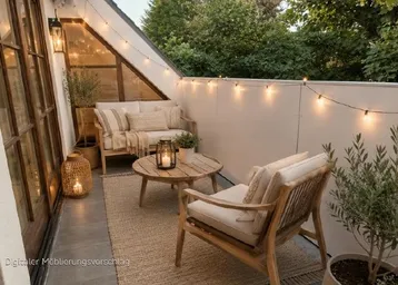 Gemütlicher Balkon mit Holzsitzmöbeln, Lichterkette und Blick ins Grüne, ideal zum Entspannen.