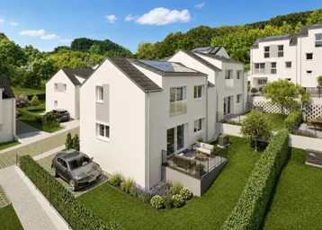Visualisierung einer modernen Wohnsiedlung mit Einfamilienhäusern, Gärten und Terrassen in grüner Umgebung.