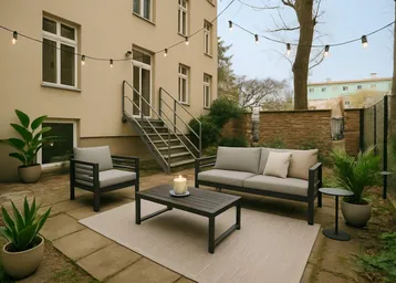 Gemütliche Terrasse mit modernen Gartenmöbeln und Lichterkette im Hinterhofbereich.