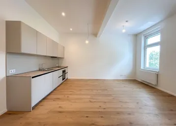 Helle, moderne Küche mit hellgrauen Schränken, Holzboden und großem Fenster, Teil eines offenen Wohnbereichs.