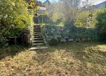 Ungepflegter Gartenbereich mit alten Steinstufen und üppiger Vegetation, die auf eine Renovierung wartet.