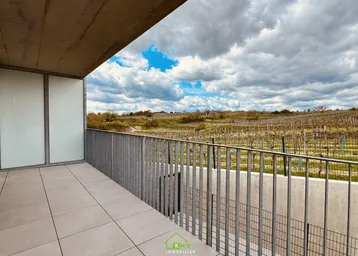 Geräumiger Balkon mit Fliesenboden und weitem Blick auf die umliegenden Weinberge unter bewölktem Himmel.