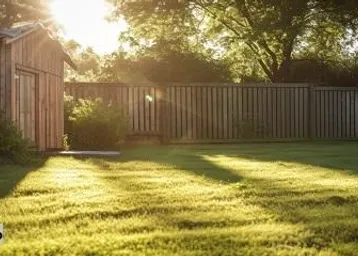 Sonniger Garten mit Holzschuppen und gepflegtem Rasen, umgeben von einem Holzzaun.