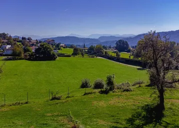 Idyllische ländliche Landschaft mit weiten grünen Feldern und Bergen am Horizont.