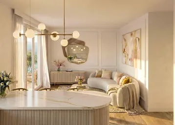 Helles, modern eingerichtetes Wohnzimmer mit elegantem Sofa und Marmor-Kücheninsel sowie Balkonzugang.