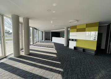 Großzügiger, lichtdurchfluteter Bürobereich mit Teppichboden, Säulen und großen Fensterfronten.