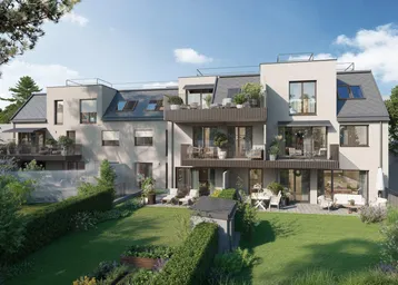 Moderne Wohnanlage mit mehreren Balkonen, Terrassen und gepflegtem Gartenbereich.