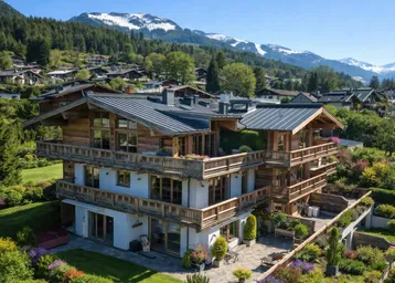 Großes Chalet mit mehreren Balkonen und Terrassen, umgeben von einem gepflegten Garten und mit Bergblick.