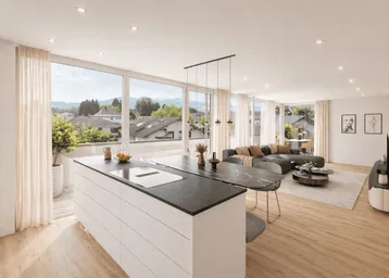 Heller, offener Wohn- und Essbereich mit integrierter moderner Küche, großen Fenstern und Zugang zum Balkon.