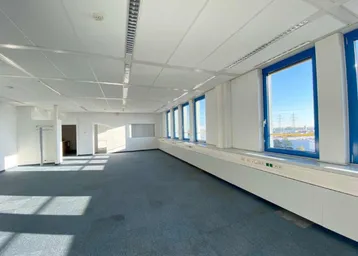 Helles Büro mit Teppichboden und einer Reihe von Fenstern, die einen weiten Blick nach draußen bieten.