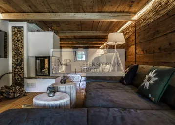 Gemütliches Wohnzimmer mit großem Sofa, modernem Kamin und rustikalen Holzwänden und -decke.
