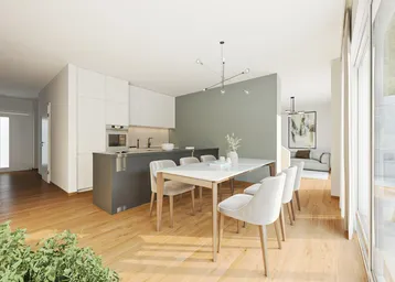 Moderne offene Wohnküche mit Essbereich, Holzboden und Zugang zur Terrasse.