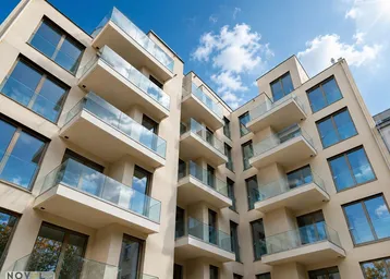 Moderne Fassade eines Mehrfamilienhauses mit zahlreichen Balkonen und Glasgeländern unter blauem Himmel.
