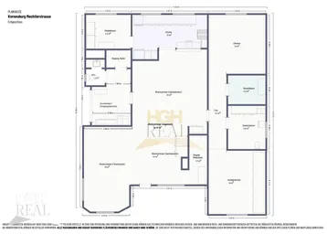 Grundriss des Erdgeschosses mit offenem Wohnbereich, integrierter Küche, Kamin und Zugang zur Dachterrasse.