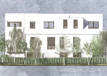 Moderne Fassade eines Reihenhauses mit großen Fenstern und gepflegter Hecke im Vordergrund.