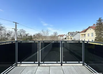Blick vom Balkon mit modernem Glasgeländer auf die umliegende Wohngegend unter blauem Himmel.