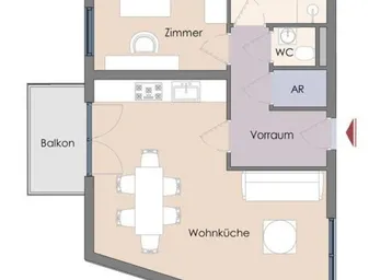 Grundriss einer Wohnung mit offener Wohnküche, Schlafzimmer, Bad, separatem WC und Balkon.
