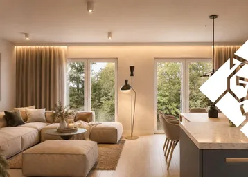 Helles, offenes Wohn- und Esszimmer mit moderner Einrichtung, Holzboden und Blick ins Grüne.