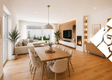 Helles, offenes Wohn- und Esszimmer mit Holzboden, Kamin und Zugang zum Garten.