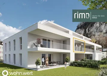 Rendering eines modernen Wohngebäudes mit Balkonen und Terrassen, eingebettet in eine grüne Umgebung.