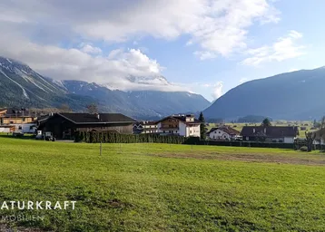 Ländliche Umgebung mit Häusern, grünen Wiesen und majestätischen Bergen im Hintergrund unter bewölktem Himmel.
