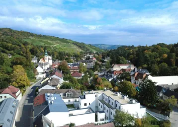 Panoramablick auf eine malerische Stadt mit Weinbergen und bewaldeten Hügeln unter blauem Himmel.