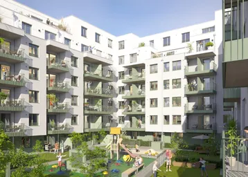 Moderne Wohnanlage mit Innenhof, Spielplatz und zahlreichen Balkonen für Familien.