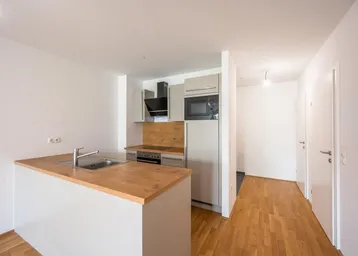 Moderne Küchenzeile mit Holzarbeitsplatte, Spüle, Kochfeld und integrierten Geräten in hellem Design.