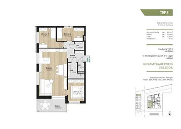 Grundriss einer 4-Zimmer-Wohnung im Obergeschoss mit Balkon und separatem WC.