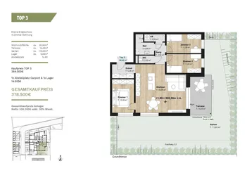 Grundriss einer 4-Zimmer-Wohnung im Erdgeschoss mit offener Wohnküche, Terrasse und Garten.