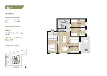 Detaillierter Grundriss einer 4-Zimmer-Wohnung mit Terrasse und offenem Wohnbereich.