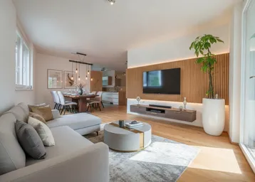 Modernes Wohn- und Esszimmer mit Holzboden, stilvoller Einrichtung und Zugang zum Balkon.
