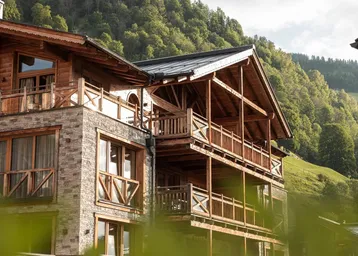 Traditionelles Holzhaus mit Steinverkleidung und mehreren Balkonen, umgeben von grünen Bergen.