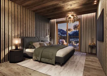 Gemütliches Schlafzimmer mit Holzelementen, Balkonzugang und Bergblick in moderner alpiner Ästhetik.