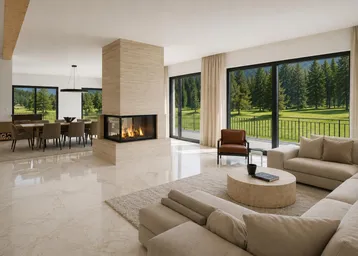 Helles, offenes Wohn-Esszimmer mit modernem Kamin, Marmorboden und weitem Blick ins Grüne.