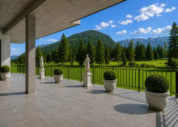 Geräumige Terrasse mit eleganten Statuen und weitem Blick auf die umliegende Berglandschaft.