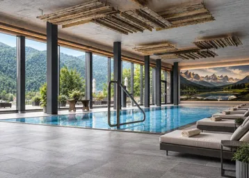 Großzügiger Innenpoolbereich mit Liegestühlen, bodentiefen Fenstern und beeindruckendem Bergblick.