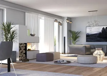 Modernes Wohnzimmer mit Kamin, Holzboden und stilvollen Möbeln in hellen Grautönen.