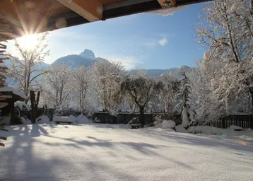 Verschneiter Garten mit Blick auf die Berge an einem sonnigen Wintertag, umgeben von Bäumen.