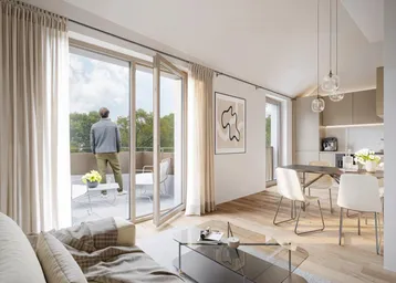 Lichtdurchfluteter Wohnbereich mit Holzboden, offener Küche und Zugang zu einem Balkon mit Weitblick.