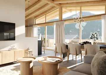Helles, offenes Wohn-Esszimmer mit Holzbalkendecke, großen Fenstern und Bergblick.