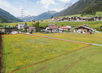 Luftaufnahme eines grünen Feldes mit gelben Blumen, umgeben von Häusern und Bergen.