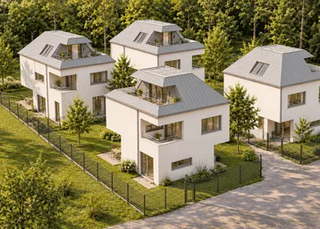 Moderne Neubauten mit Satteldach und Flachdachanteilen, umgeben von viel Grün und Bäumen.