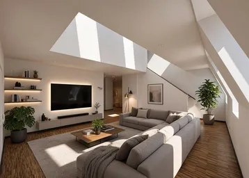Modernes, lichtdurchflutetes Wohnzimmer mit hohen Decken, Holzboden und stilvoller Einrichtung.