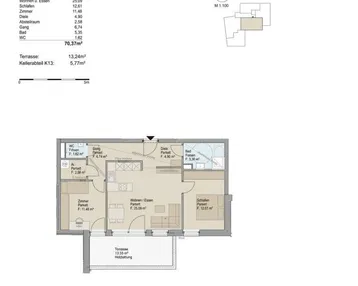 Grundriss einer 3-Zimmer-Wohnung im Obergeschoss mit offener Wohnküche und großer Terrasse.