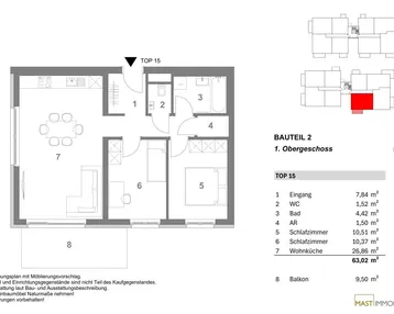 Grundriss der Wohnung TOP 15 mit offenem Wohnküchenbereich, zwei Schlafzimmern und Balkon.