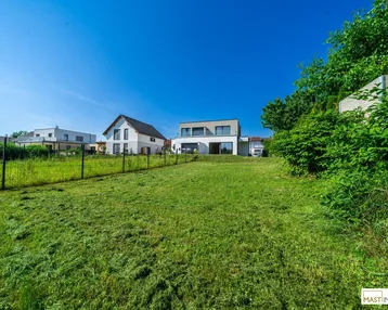 Großer, sonniger Gartenbereich mit gepflegtem Rasen und Blick auf moderne Wohnhäuser.