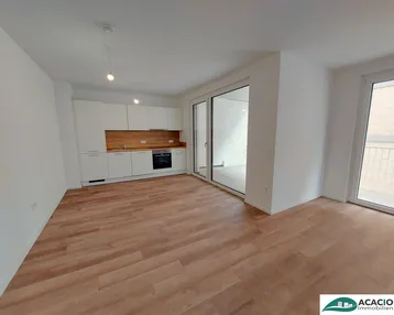 Heller, offener Wohnbereich mit integrierter Küche, Laminatboden und Zugang zu einem Balkon.