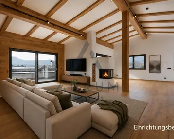 Geräumiges Wohnzimmer mit Holzbalken, modernem Kamin und Zugang zu einem Balkon mit Bergblick.