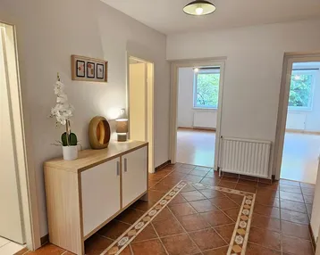 Heller Flur mit Terrakotta-Fliesenboden, einer Konsole und Zugang zu weiteren Räumen.